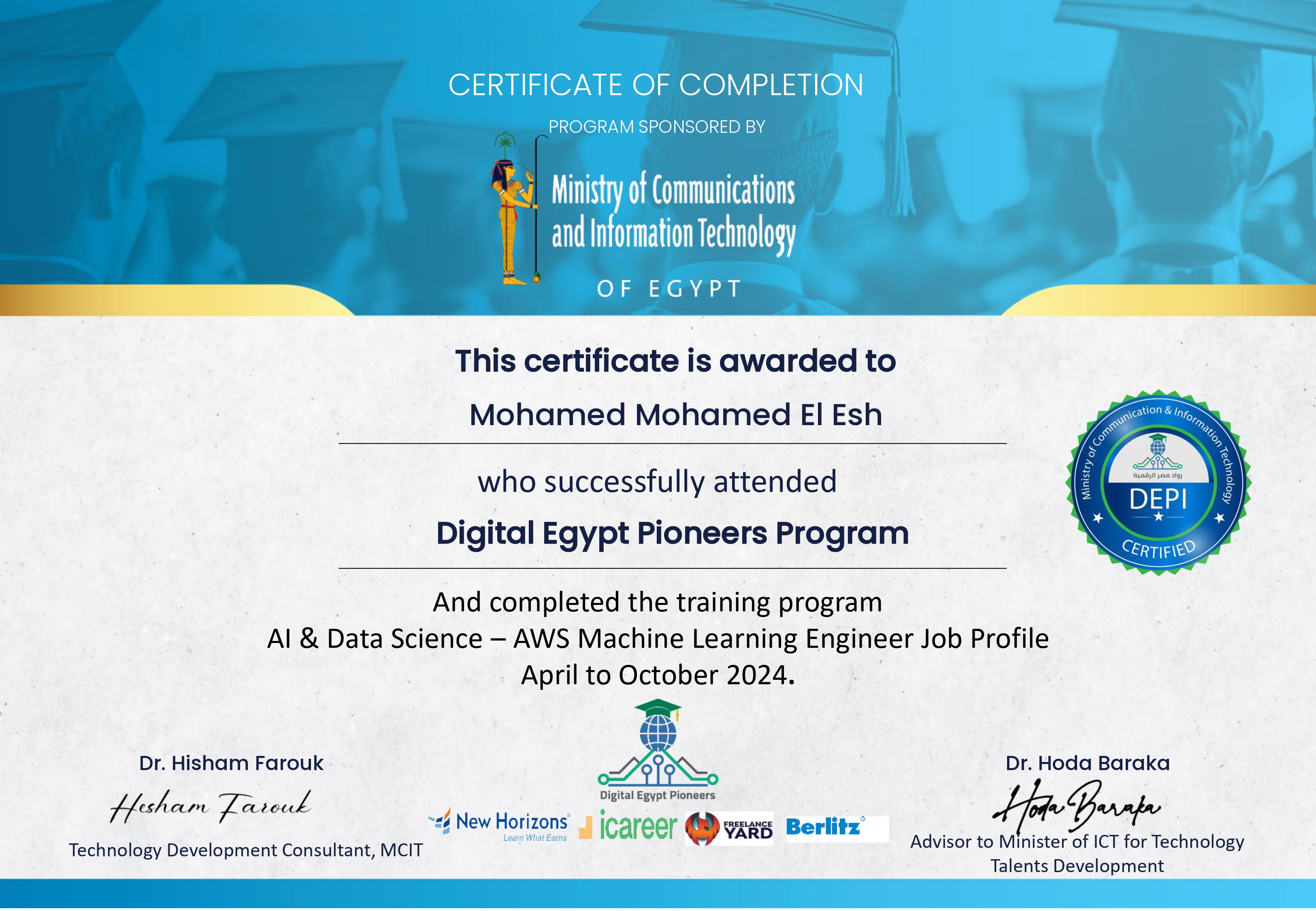Digital Egypt Pioneers Initiative Certificate